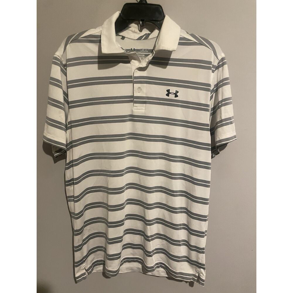Under Armour Polo Heat Gear‎ Groove Striped Top Tech Golf Shirt White Medium